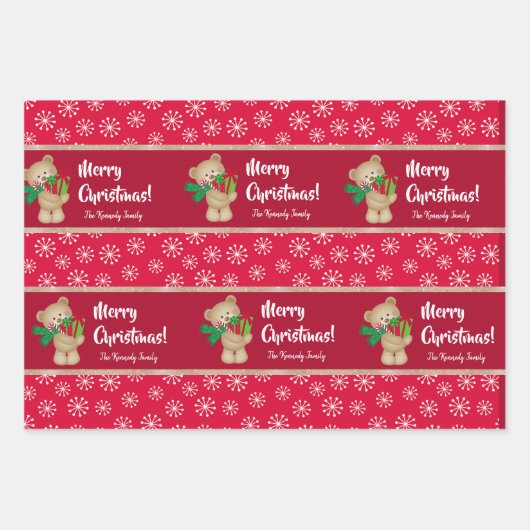 Kerstteddybeer met Gift en Snowflakes, rood Inpakpapier Vel (Voorkant)