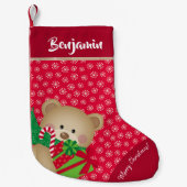 Kerstteddybeer met Gift en Snowflakes, rood Kleine Kerstsok (Voorkant)
