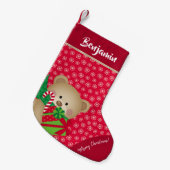 Kerstteddybeer met Gift en Snowflakes, rood Kleine Kerstsok (Voorkant (Hangend))