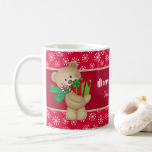 Kerstteddybeer met Gift en Snowflakes, rood