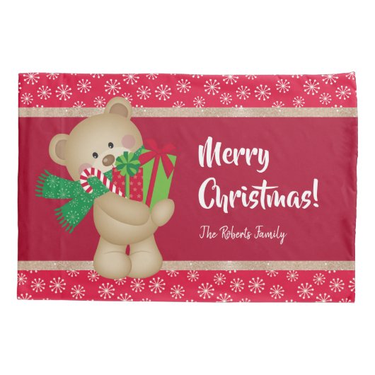 Kerstteddybeer met Gift en Snowflakes, rood Kussensloop (Achterkant)