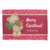 Kerstteddybeer met Gift en Snowflakes, rood Kussensloop (Voorkant)