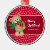 Kerstteddybeer met Gift en Snowflakes, rood Metalen Ornament (Voorkant)