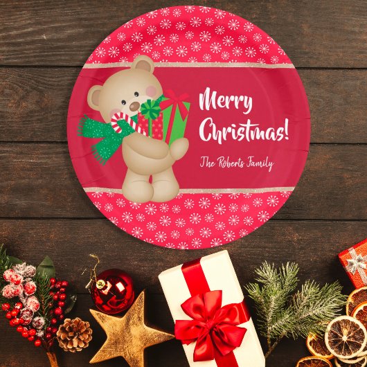 Kerstteddybeer met Gift en Snowflakes, rood Papieren Bordje