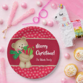 Kerstteddybeer met Gift en Snowflakes, rood Papieren Bordje (Feest)