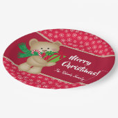 Kerstteddybeer met Gift en Snowflakes, rood Papieren Bordje (Gekanteld)