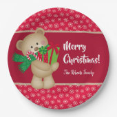 Kerstteddybeer met Gift en Snowflakes, rood Papieren Bordje (Voorkant)