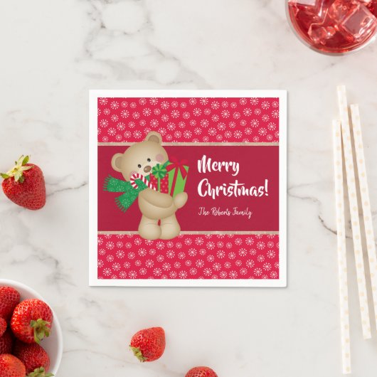 Kerstteddybeer met Gift en Snowflakes, rood Servet (Insitu)