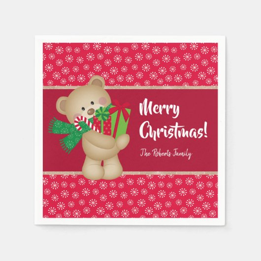 Kerstteddybeer met Gift en Snowflakes, rood Servet (Voorkant)