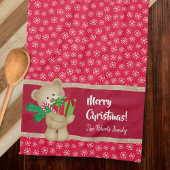 Kerstteddybeer met Gift en Snowflakes, rood Theedoek