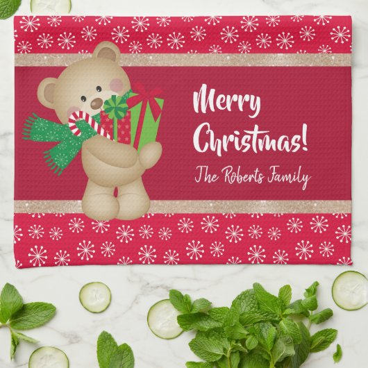 Kerstteddybeer met Gift en Snowflakes, rood Theedoek (Gevouwen)