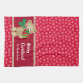 Kerstteddybeer met Gift en Snowflakes, rood Theedoek (Horizontaal)