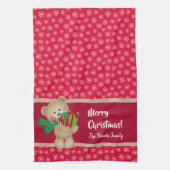 Kerstteddybeer met Gift en Snowflakes, rood Theedoek (Verticaal)