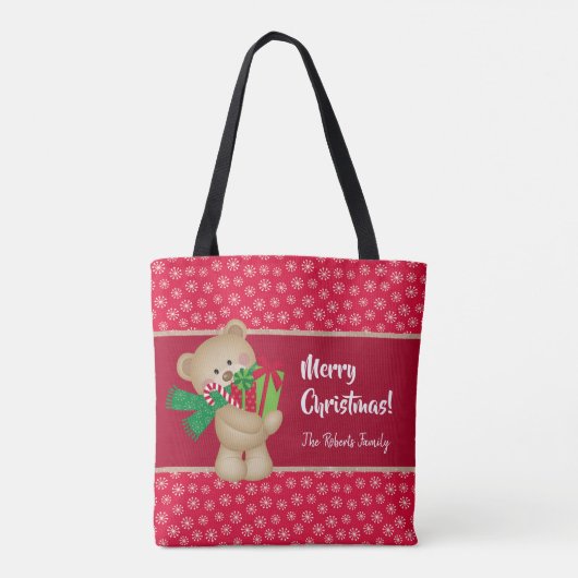 Kerstteddybeer met Gift en Snowflakes, rood Tote Bag (Achterkant)
