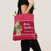 Kerstteddybeer met Gift en Snowflakes, rood Tote Bag (Dichtbij)
