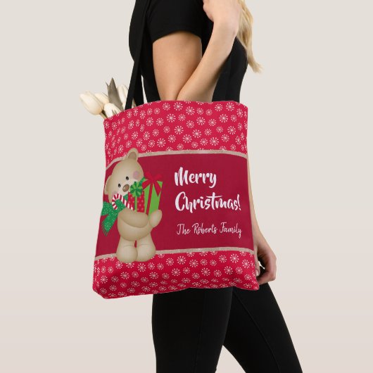 Kerstteddybeer met Gift en Snowflakes, rood Tote Bag (Dichtbij)