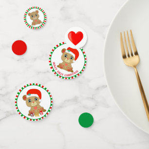 Kerstteddybeer op groen en rood confetti