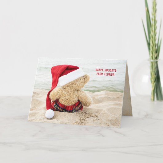 kerstteddybeer op het strand feestdagen kaart (Voorkant)