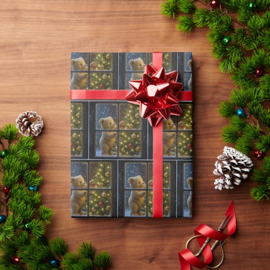 Kerstteddybeer versiert een boom cadeaupapier (Feestdagen Geschenken)
