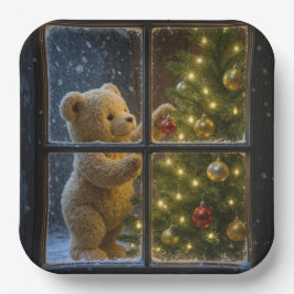 Kerstteddybeer versiert een boom papieren bordje