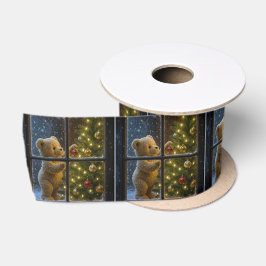 Kerstteddybeer versiert een boom satijnen lint
