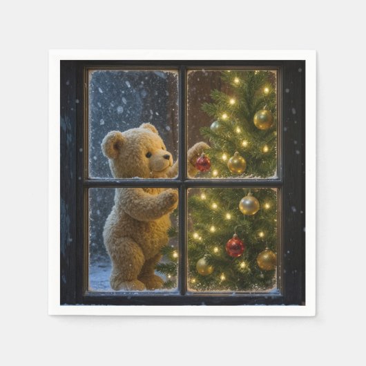 Kerstteddybeer versiert een kerstboom servet (Voorkant)
