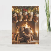 Kerstteddyberen bij een open haard kaart (Voorkant)