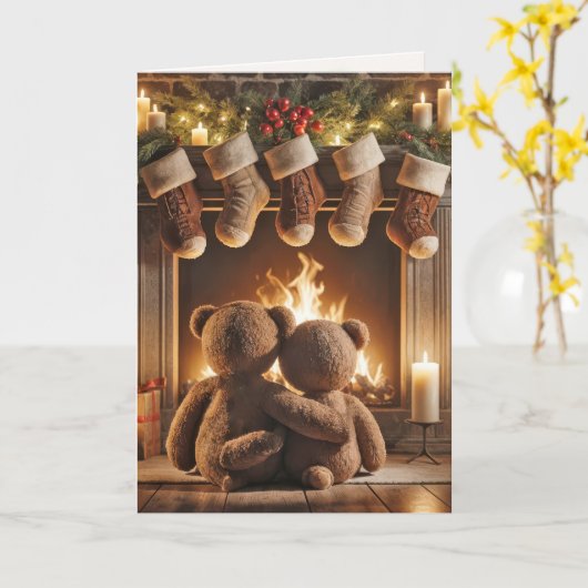Kerstteddyberen bij een open haard kaart (Gele Bloem)