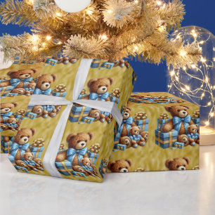 Kerstteddyberen in blauw en bruin cadeaupapier