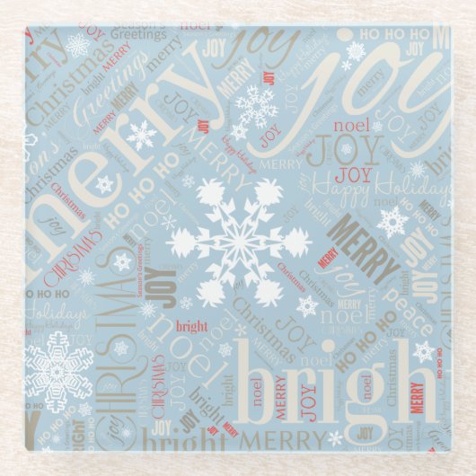Kersttekst en Snowflake Pattern Blue ID257 Glazen Onderzetter (Voorkant)