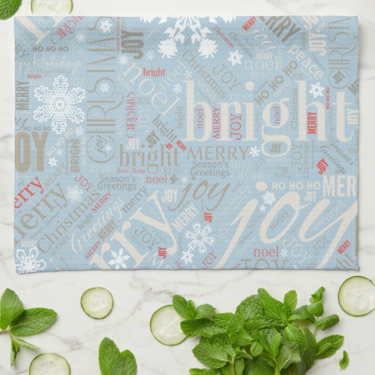 Kersttekst en Snowflake Pattern Blue ID257 Theedoek (Gevouwen)