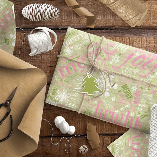 Kersttekst en Snowflake Pattern Green ID257 Cadeaupapier
