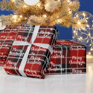 Kersttekst in sneeuwvlokken op Schotse tartan Cadeaupapier