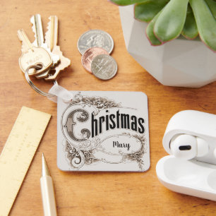 Kersttekst in vintage-stijl met sierlijke rand sleutelhanger