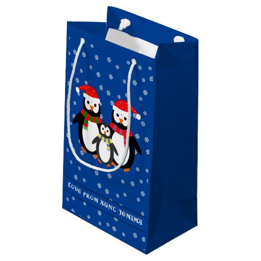 kersttekst pinguïnblauw klein cadeauzakje (Achterkant Gekanteld)
