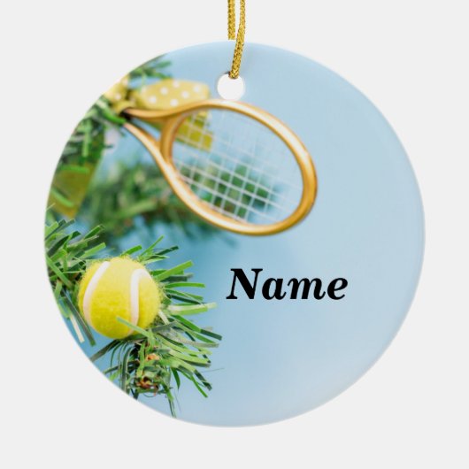 Kersttennisbal en racket met boomgaard keramisch ornament (Voorkant)
