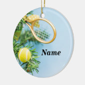 Kersttennisbal en racket met boomgaard keramisch ornament (Links)