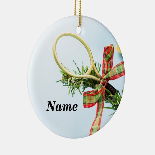 Kersttennisbal en racket met boomgaard keramisch ornament (Rechts)