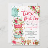 Kersttheater Birthday Party Time Four Tea Party Kaart (Voorkant)