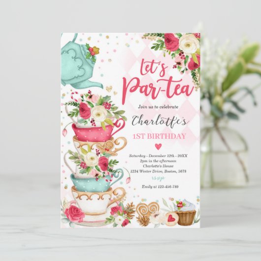 Kerstthee Birthday Party Laten we Par-tea Kaart (Staand voorkant)