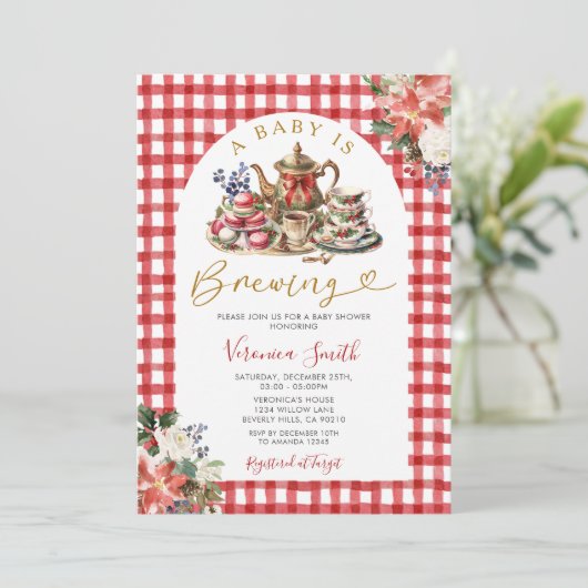 Kerstthee Een Baby is Brouwen Baby shower Bloemen Kaart (Staand voorkant)