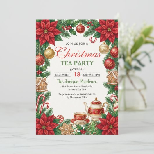 Kerstthee Feestelijke Uitnodiging (Staand voorkant)