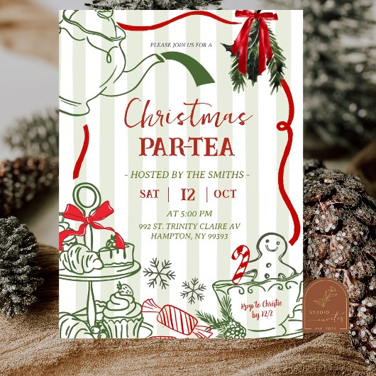 Kerstthee Party Krabbel Handgetekend Kaart