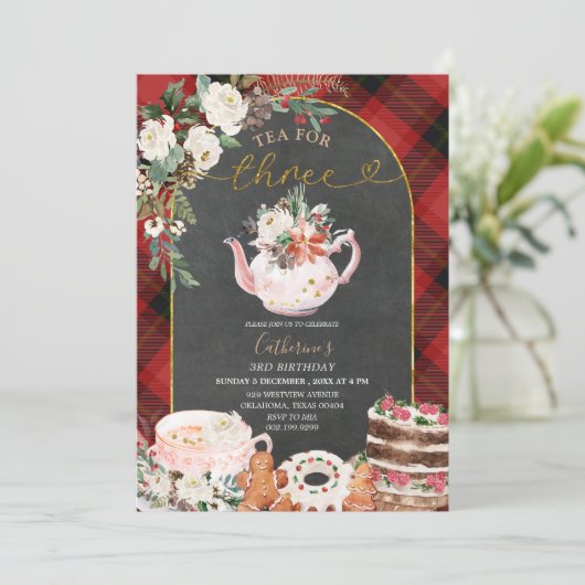 Kerstthee voor de 3e verjaardag van Three Plaid Kaart (Staand voorkant)