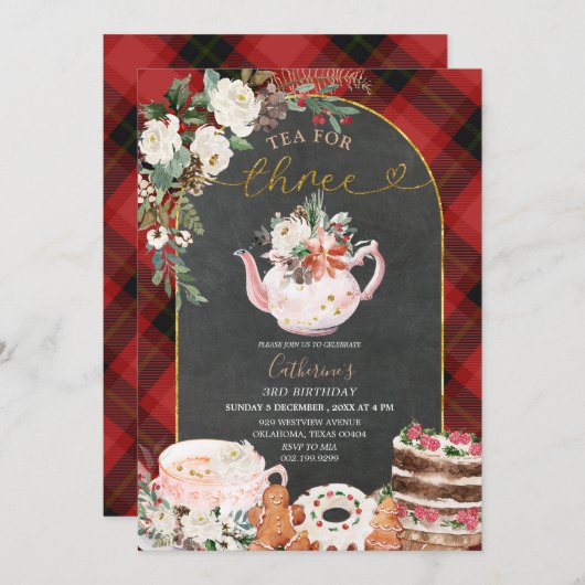 Kerstthee voor de 3e verjaardag van Three Plaid Kaart (Voorkant / Achterkant)