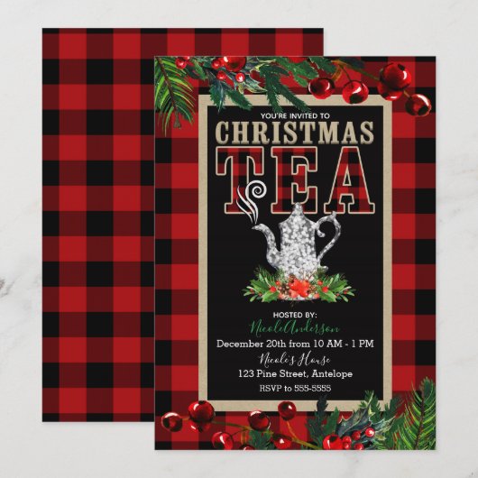 kersttheefeest Rustic Red Black Buffalo Pset Kaart (Voorkant / Achterkant)