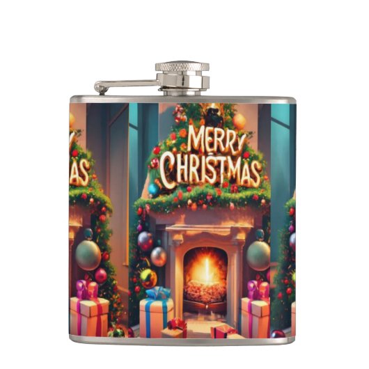 Kerstthema Hip Flask – Prettig Kerstvuur Heupfles (Voorkant)