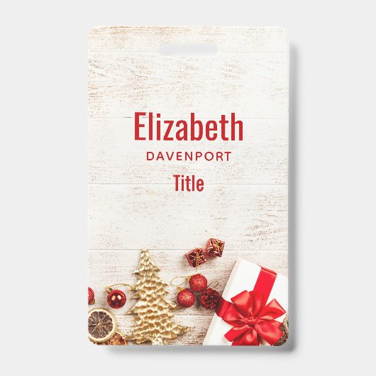 Kerstthema-items op een rustieke houten plank badge (Voorzijde)