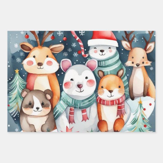 Kerstthema Kerst schattige dieren Inpakpapier Vel (Voorkant 3)