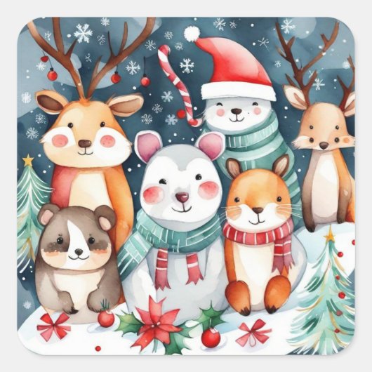 Kerstthema Kerst schattige dieren Vierkante Sticker (Voorkant)